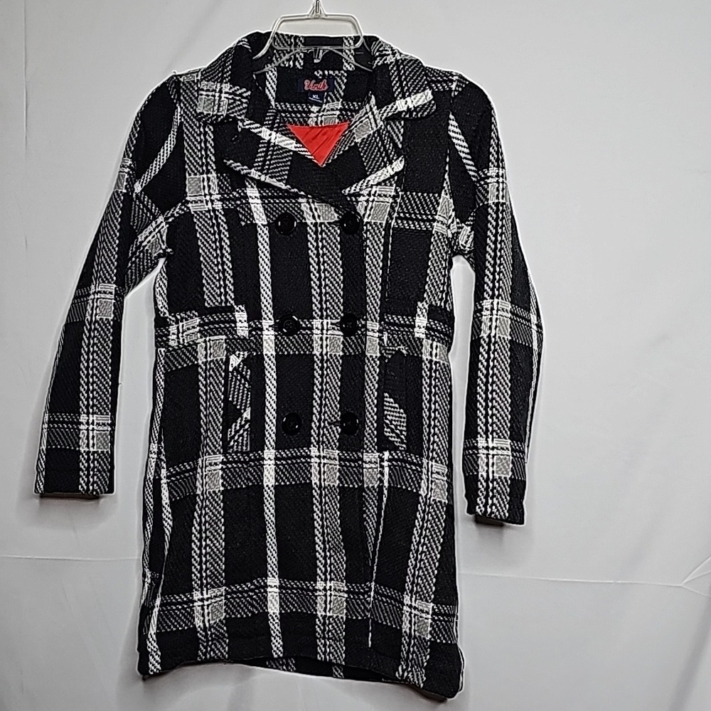 UNIK girls checkered plaid button down collared peacoat warm jacket coat sz XL